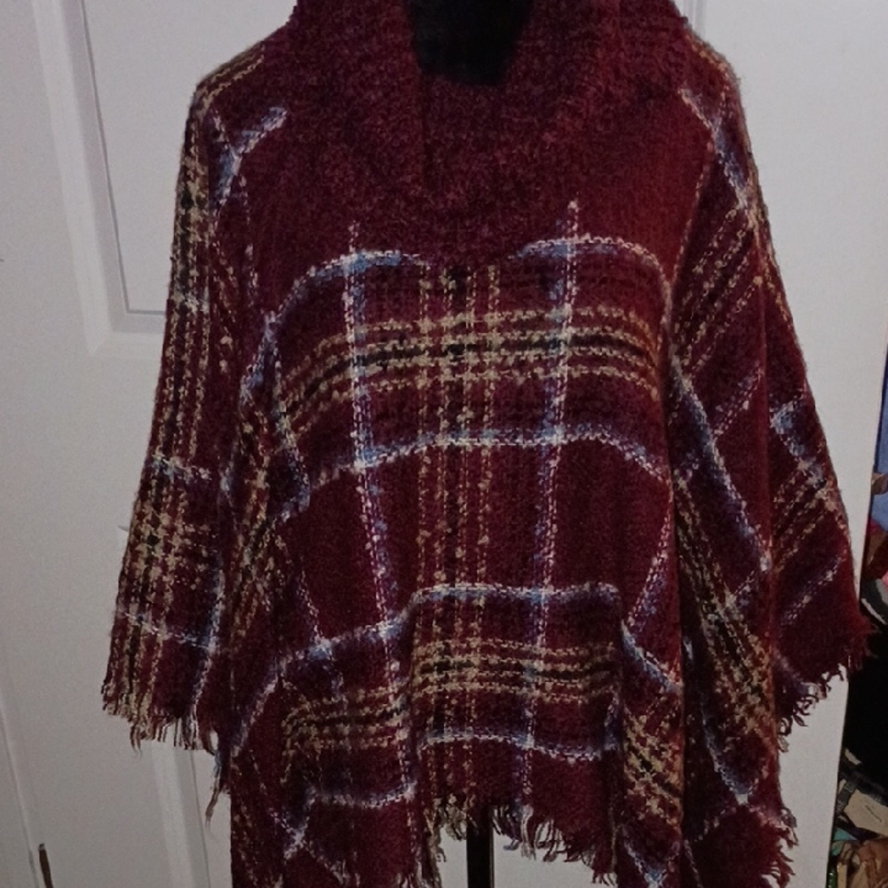Harve Benard Burgundy Plaid Poncho